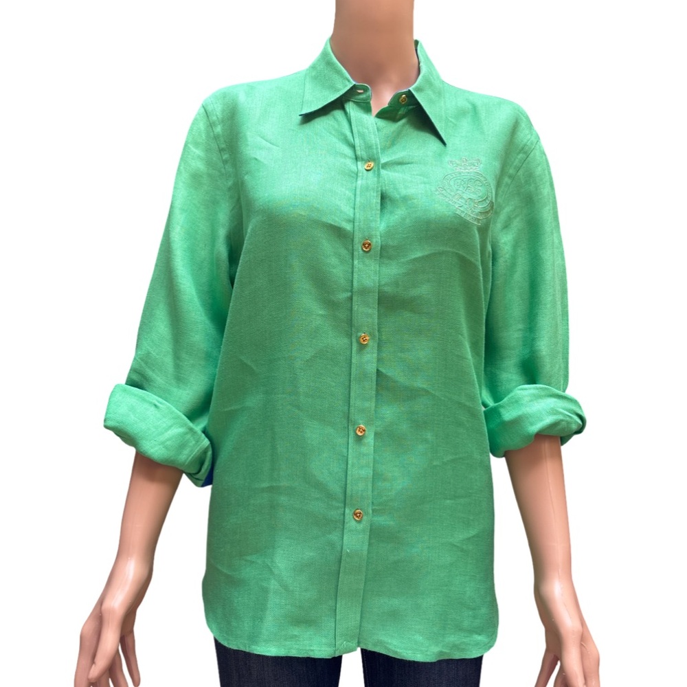 Lauren Ralph Lauren Green Button Down Shirt with 3/4 Sleeves Large